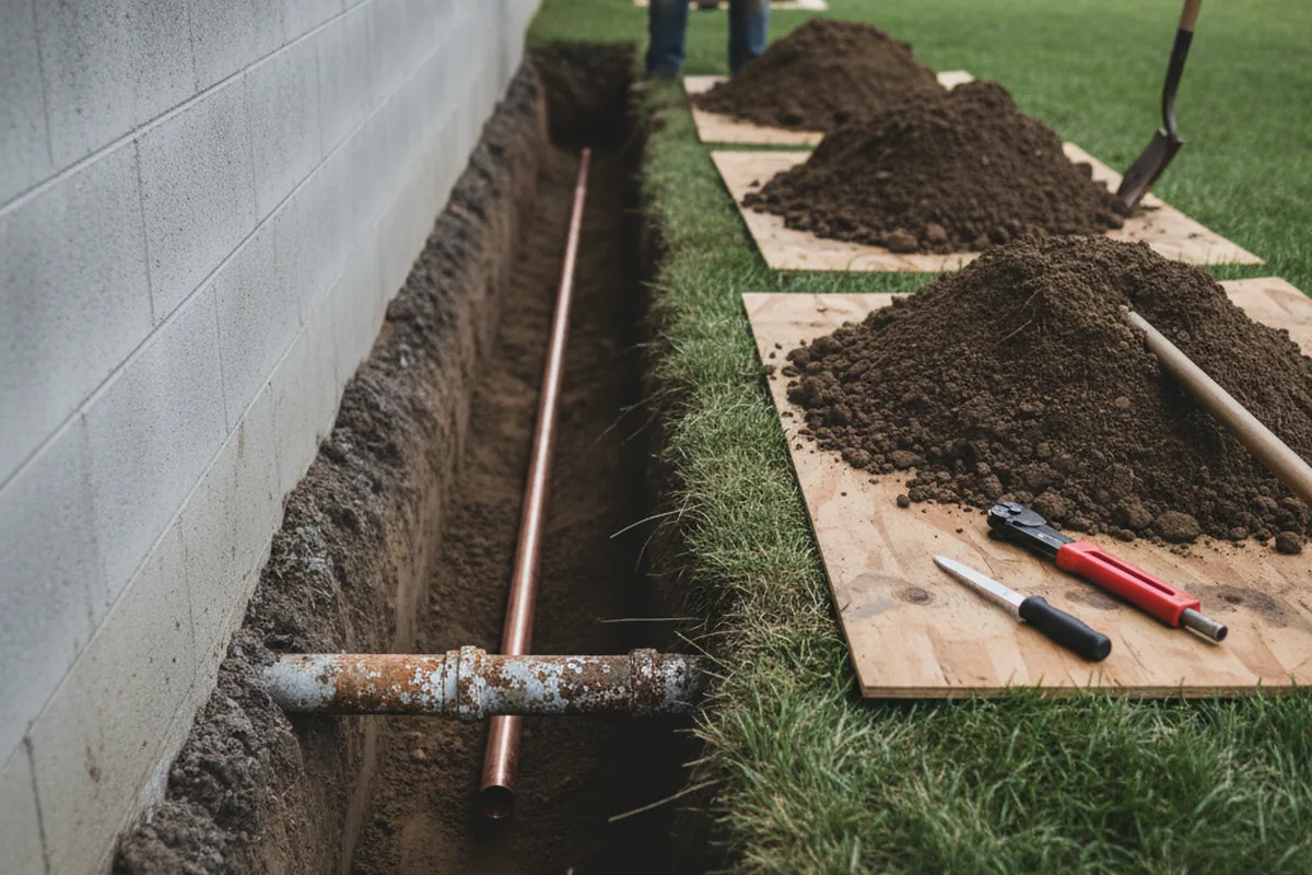 Excavated water line trench during Sewer Line Repair in Yorba Linda
